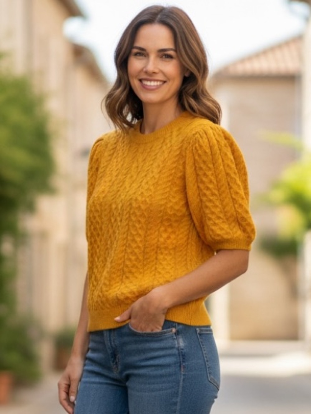 CeCe Cable Knit Short sleeve Sweater Blouse in Yellow Glow Size Small